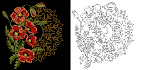 Embroidery floral wreath design. Collection of fancywork elements for patches and stickers. Coloring book page with red poppy flowers and mandala.