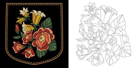 Embroidery design of shirt pocket. Collection of floral elements for patches and stickers. Coloring book page with roses and blue bell flowers bouquet.