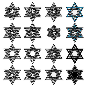 Knoted Israel David stars collection. Set of abstract graphic elements for your design. Black stars and circles isolated on white background. Vector illustration