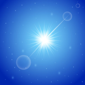 Bright sun with lens flare in the clear blue sky. Hello Summer banner. Abstract background for your desktop with the place for your text. Vector illustration