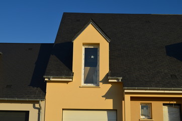 Toiture et chien assis sur une maison neuve.