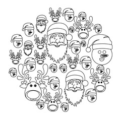 monochrome round pattern of christmas faces silhouettes vector illustration