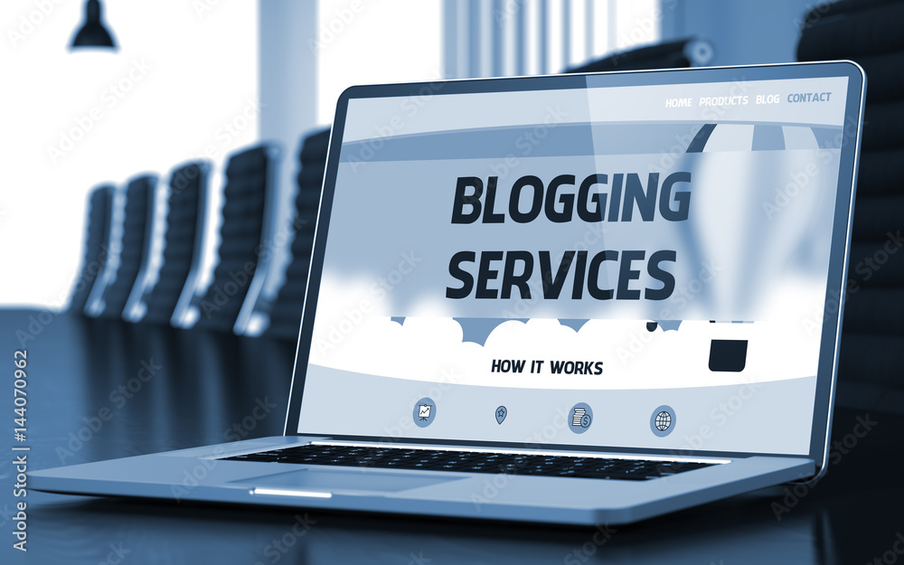 Poster blogging services - landing page with inscription on mobile computer display on background of comfor