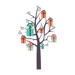 colorful background with tree with gift boxes hanging of the branches vector illustration