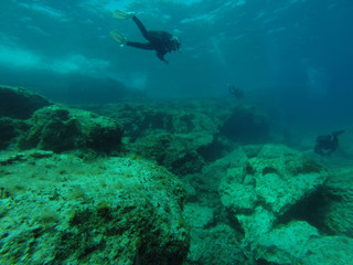 Fototapeta na wymiar 2014, bubbles, cyprus, depth, diving, entertainment, extreme, mediterra, cave, scuba, diver, girl, 