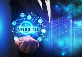 Business, Technology, Internet and network concept. Young businessman working on a virtual screen of the future and sees the inscription: Web sites