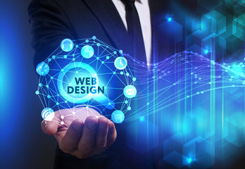 Business, Technology, Internet and network concept. Young businessman working on a virtual screen of the future and sees the inscription: Web design