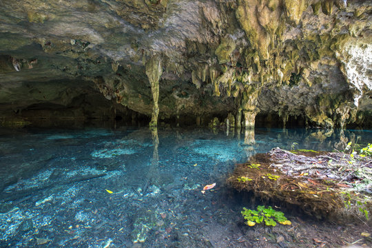 Bright Blue Cenote - Underground Waterhole In A Lime Stone Cave. Tulum, Mexico.