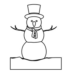 monochrome contour with snowman in ice block with hat and scarf vector illustration