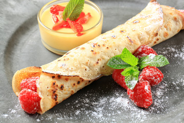 Raspberry-filled crepe and custard