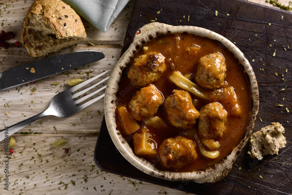 Poster spanish albondigas con sepia, meatballs with cuttlefish