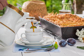 Delicious cake with plum served with coffee in the countryside