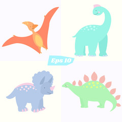 Set of cute dinosaurs. Cartoon style. Stegosaurus, triceratops pterodactyl and brachiosaurus