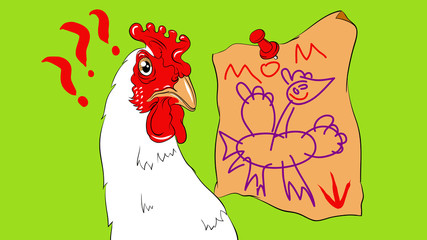 Chicken with a confused face looking at the child's drawing as a metaphor for misunderstanding of modern art