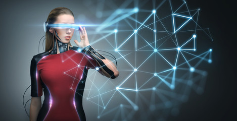 woman in virtual reality glasses and microchip
