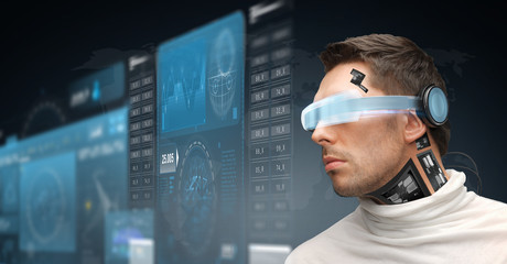 man in virtual reality glasses and microchip