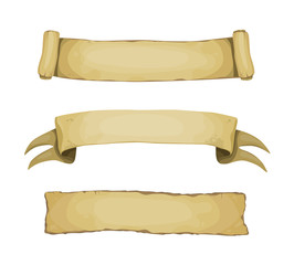 Set of three cartoon medieval or fantasy labels and banners isolated on white background © Kateina