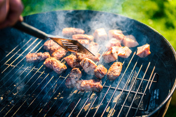 Grilling delicious variety of meat on barbecue charcoal grill.