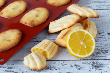 Freshly baked french madeleines on a pan.