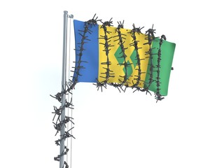 3D illustration of flag from Saint Vincent and the Grenadines wrapped with a barbed wire