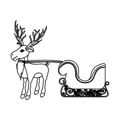 monochrome contour of reindeer with sleigh vector illustration