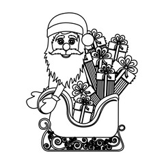monochrome silhouette of santa claus in sleigh with gifts vector illustration