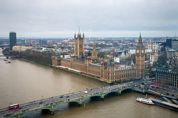 Aerial view of London with Big Ben, Westminster Palace