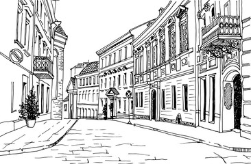 Old city street in hand drawn sketch style. Small European city. Urban landscape on white background - 144079741