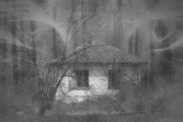 Ghostly demonic eyes above the abandoned house in the woods. Evil abstract background.