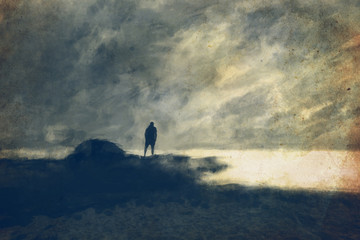 A man on the top of the rock in the sea beach textured abstract paint background, digital illustration