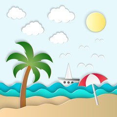 Fototapeta na wymiar Vector illustration of the sea, sun and palm on the beach. Paper art style. 