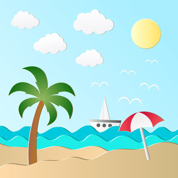 Vector illustration of the sea, sun and palm on the beach. Paper art style. 