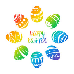 Circular composition with Easter eggs. Rainbow gradient. Vector illustration.