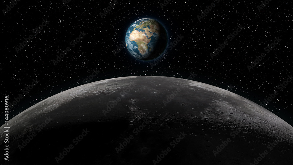 Wall mural planet earth rising over the moon horizon, in full view. digital 3d illustration. elements of this i