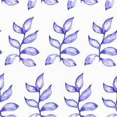Seamless raster large illustration with blue and purple plants, based on rubber plant shape. Square floral pattern on white watercolor paper, hand drawn with liquid ink and brush. Stylish design.