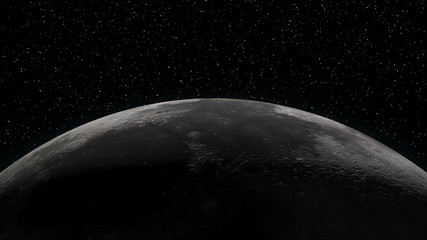 Close up of the Moon. Partially lit horizon surrounded by stars. Digital 3d illustration. Elements of this illustration are furnished by NASA.