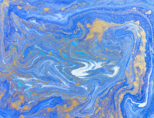 Blue and golden liquid texture. Watercolor hand drawn marbling illustration. Ink marble background.