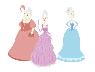 Set of three vector cartoon illustrations of fairy tale princess wearing ball dress