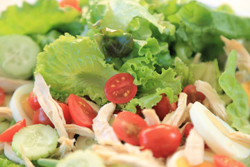 Healthy food, fresh salad with green lettuce and red tomato, close up.