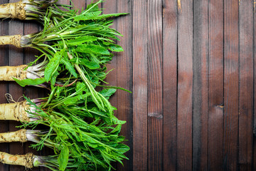 Fresh horseradish. In brown Wooden table. Top view.