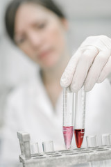 Medical laboratory scientists holding a test tube with sample