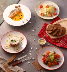 Bread pumpkin soup and salads