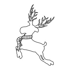 monochrome contour of reindeer jumping with big horns and striped scarf vector illustration