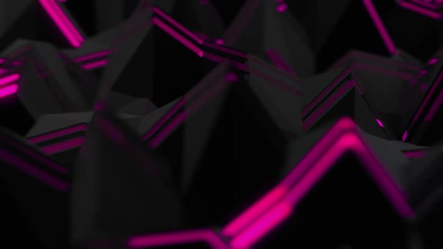 Sharp Crystal Field Loop 2E: dark landscape with depth-of-field effect of dynamic sharp pyramid shapes pulsating and flashing fun flirty pink magenta edges, FullHD and seamlessly loop-able