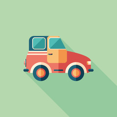 Toy retro car flat square icon with long shadows.