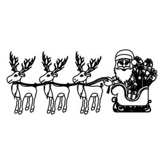 monochrome contour with set of three reindeers and santa claus in sleigh with gifts vector illustration