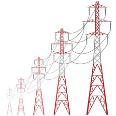 Vector high voltage pylons on white background. Isolated colonnade of metal poles voltage. Surface industrial illustration. Power line pylons with safety locks. Nuclear facilities and power arteries.