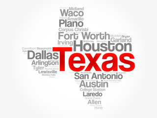 List of cities in Texas USA state word cloud map, concept background