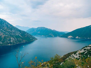 The island of Gospa od Skrpela, Kotor Bay, Montenegro. View from the high mountain above Risan.