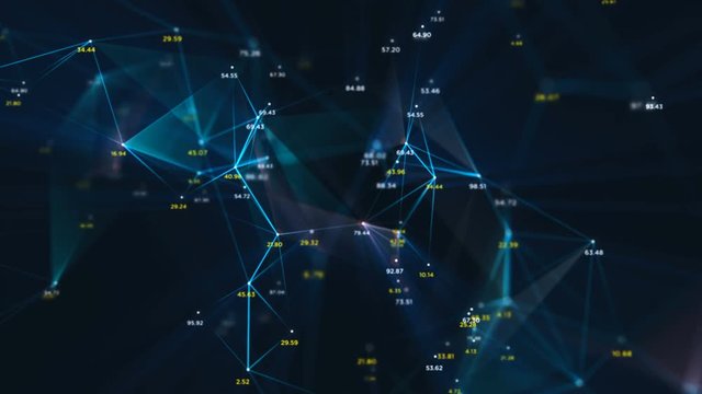 Digital Data Points Network Loop 1A: dark background, rotating flickering mesh cloud of connections with blue lines, random percentage number values in blue and yellow, with depth-of field. 4K UHD.